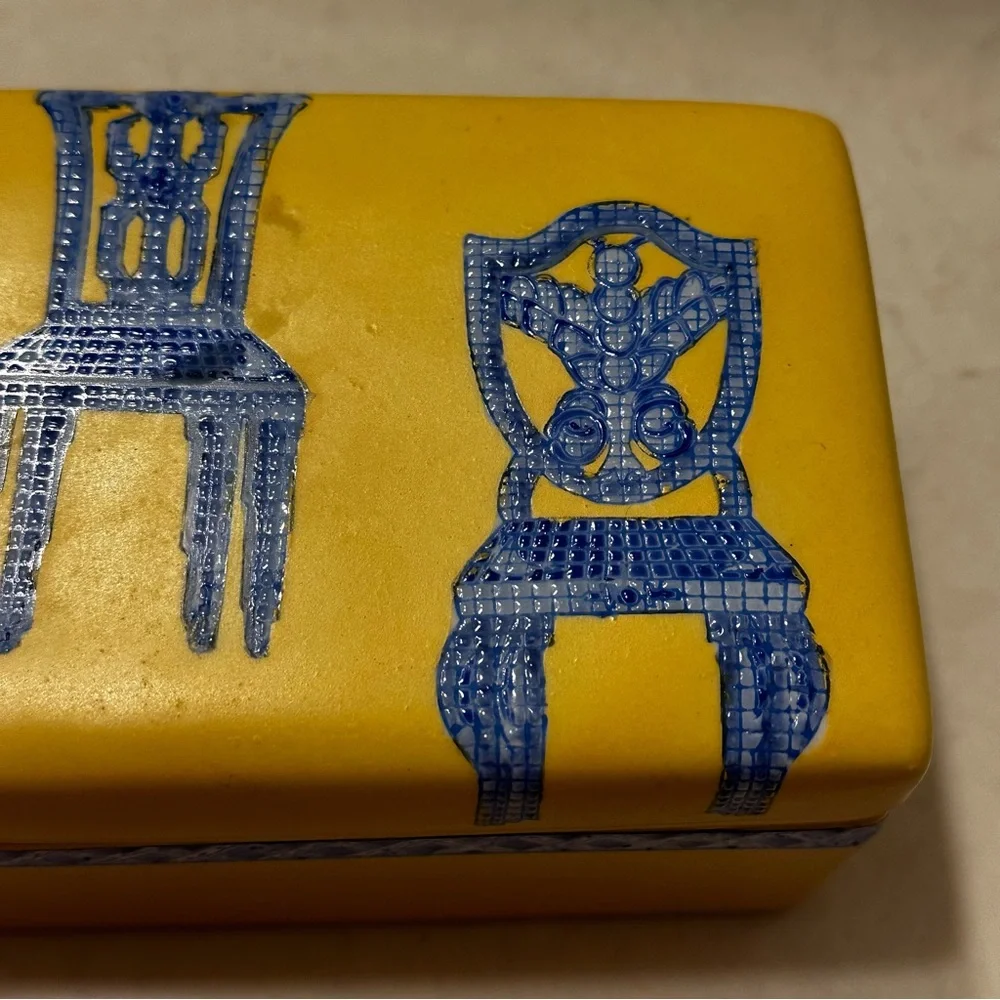 Mid Century Modern Handpainted Ceramic Yellow Trinket Box Blue Chairs